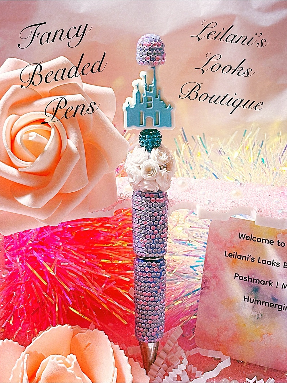 Fancy Beaded Pen with white roses and castle charm